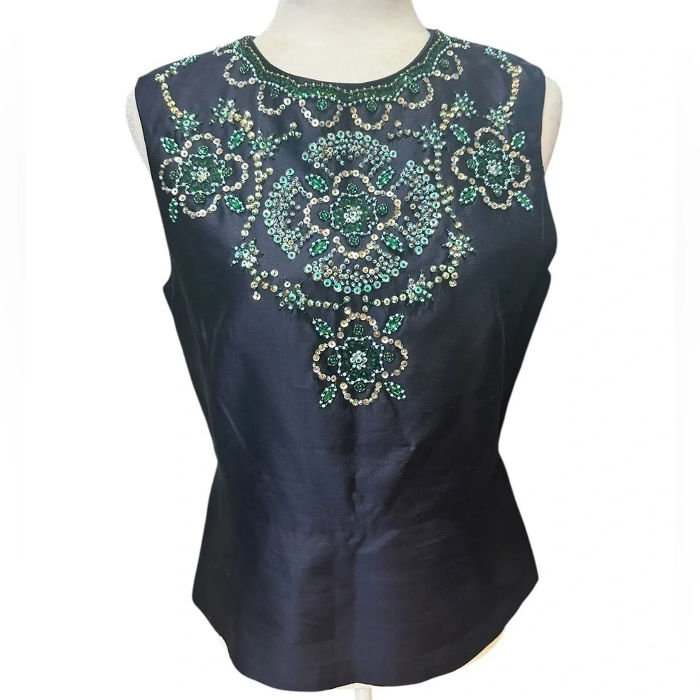 Tory Burch Navy Embellished Sequined and Beaded Silk Blouse